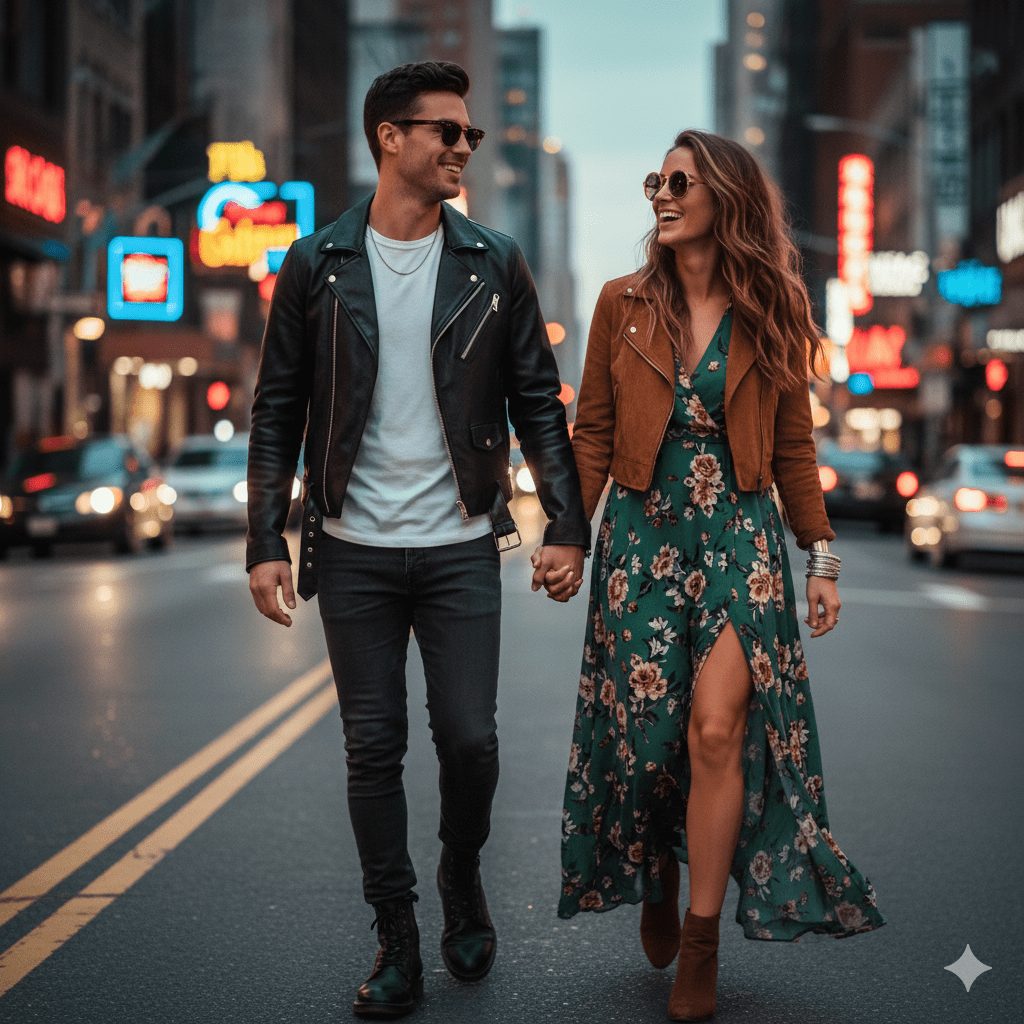A happy stylish couple holding hands while walking down a city street at night, illuminated by neon signs. The man wears a black leather jacket and the woman wears a green floral maxi dress with a thigh slit and a brown suede jacket.