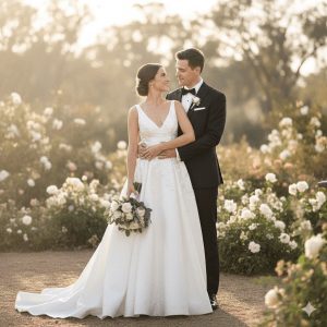 A stunning portrait of a bride and groom embracing and gazing at each other lovingly in a sunlit white rose garden. The bride wears a white V-neck gown and holds a small bouquet, while the groom wears a classic black tuxedo.