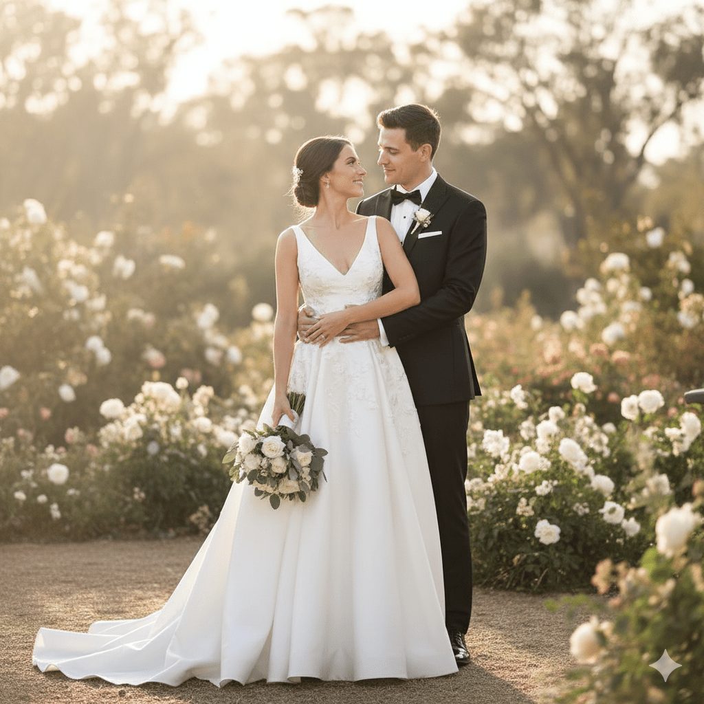 A stunning portrait of a bride and groom embracing and gazing at each other lovingly in a sunlit white rose garden. The bride wears a white V-neck gown and holds a small bouquet, while the groom wears a classic black tuxedo.