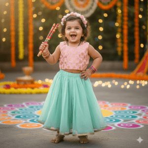2-year-old Indian baby girl in a trendy Indo-Western Navratri outfit, wearing a pastel pink crop top with golden embroidery and a flared mint green lehenga skirt, holding miniature dandiya sticks, standing in front of vibrant rangoli patterns and fairy lights, smiling joyfully, ultra-realistic 4k photography style.”