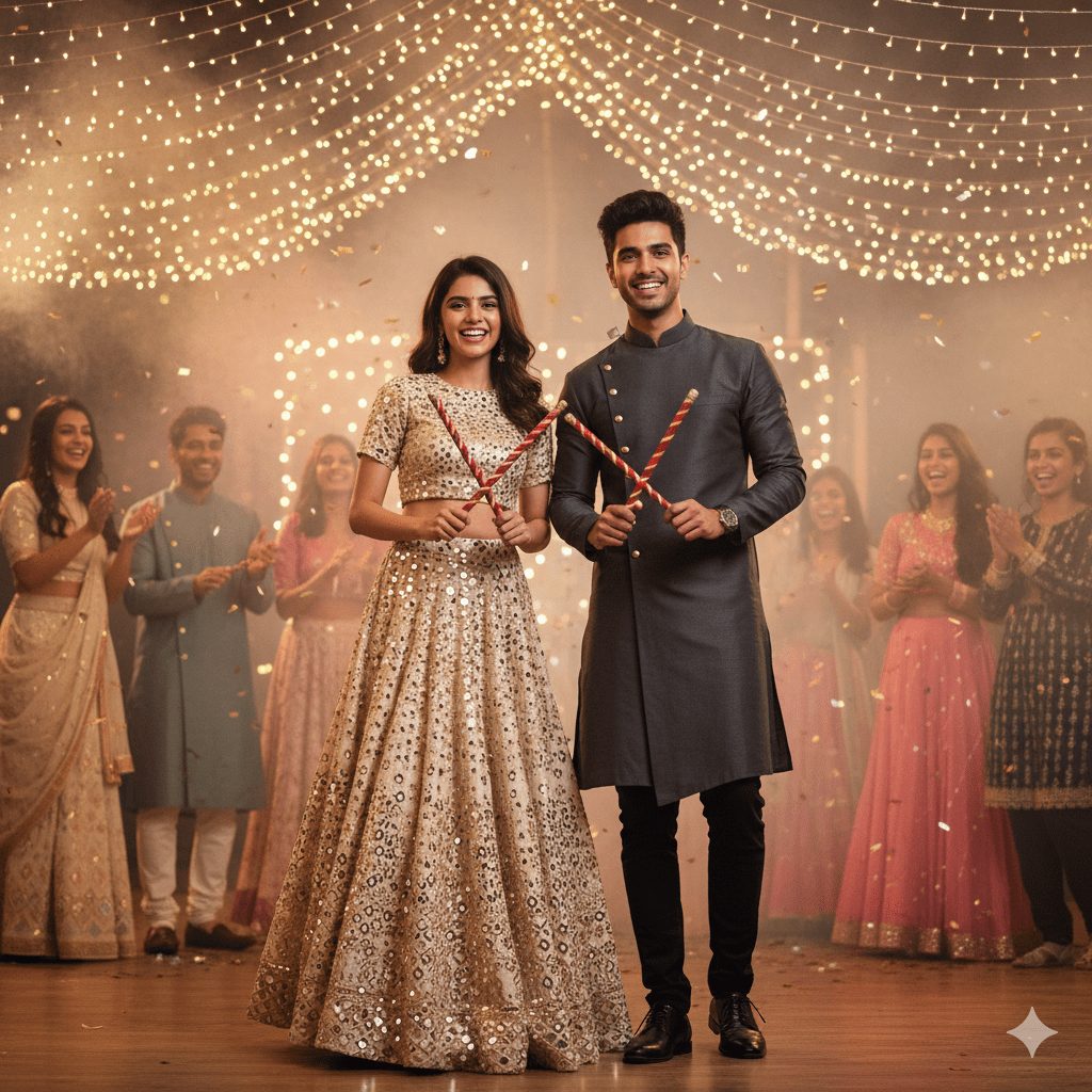 Couple in Indo-Western fusion outfits holding Dandiya sticks at a festive party. The woman wears a gold crop-top lehenga with mirror work. The man wears a modern grey kurta with a side button placket and slim black pants. They are smiling, posed under warm fairy lights, with friends and confetti in the background, conveying a Navratri or Garba event vibe.