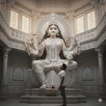 Young man standing in reverence before a grand white marble Hindu goddess statue inside an intricately carved temple hall with soft natural light