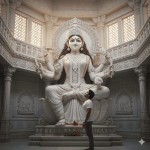 Young man standing in reverence before a grand white marble Hindu goddess statue inside an intricately carved temple hall with soft natural light