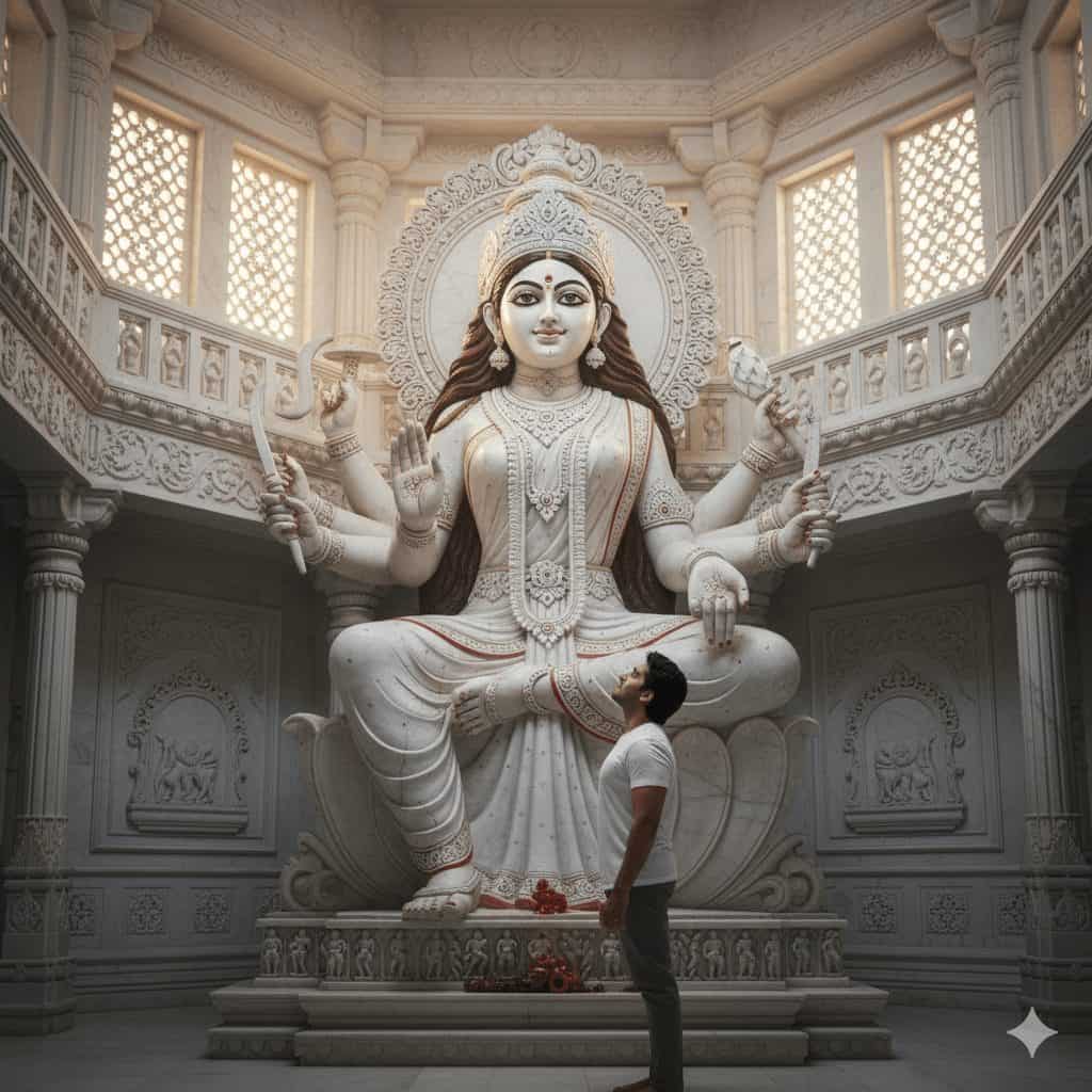 Young man standing in reverence before a grand white marble Hindu goddess statue inside an intricately carved temple hall with soft natural light