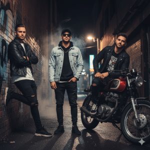 A group of three stylish men in a dimly lit urban alleyway at night. One man leans against a brick wall, another stands in the center with sunglasses and a denim jacket, and the third sits on a vintage motorcycle. They are all wearing black, modern, and edgy clothing.