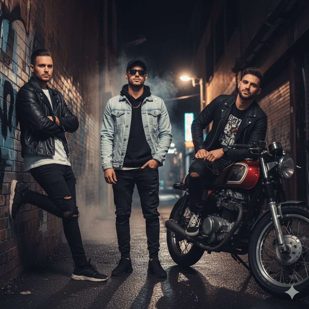 A group of three stylish men in a dimly lit urban alleyway at night. One man leans against a brick wall, another stands in the center with sunglasses and a denim jacket, and the third sits on a vintage motorcycle. They are all wearing black, modern, and edgy clothing.