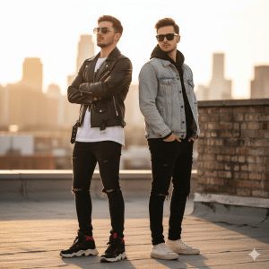 Two stylish men wearing sunglasses and contrasting black and denim jackets, black ripped jeans, and sneakers, standing back-to-back on a brick rooftop with a city skyline in the blurred background during golden hour.