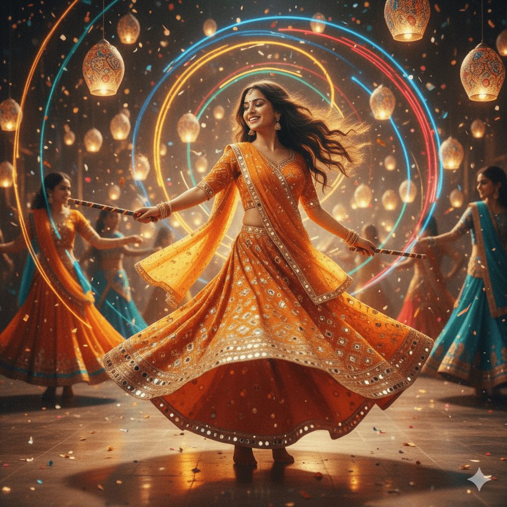 A joyful woman in a traditional mirror-work orange and gold Lehenga is captured mid-spin while performing Garba or Dandiya Raas, holding sticks, with colorful neon light trails and floating confetti in a festive, Indian-themed hall.