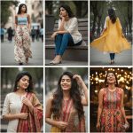 A collage of six portraits of a South Asian woman showcasing different casual and semi-traditional outfits, including a floral palazzo pant look, denim and kurti style, and a vibrant sleeveless dress.