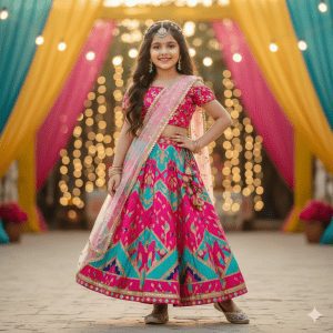 "Young Indian girl in a modern-traditional outfit with colorful lehenga and stylish accessories, posing confidently in bright festive setting."
