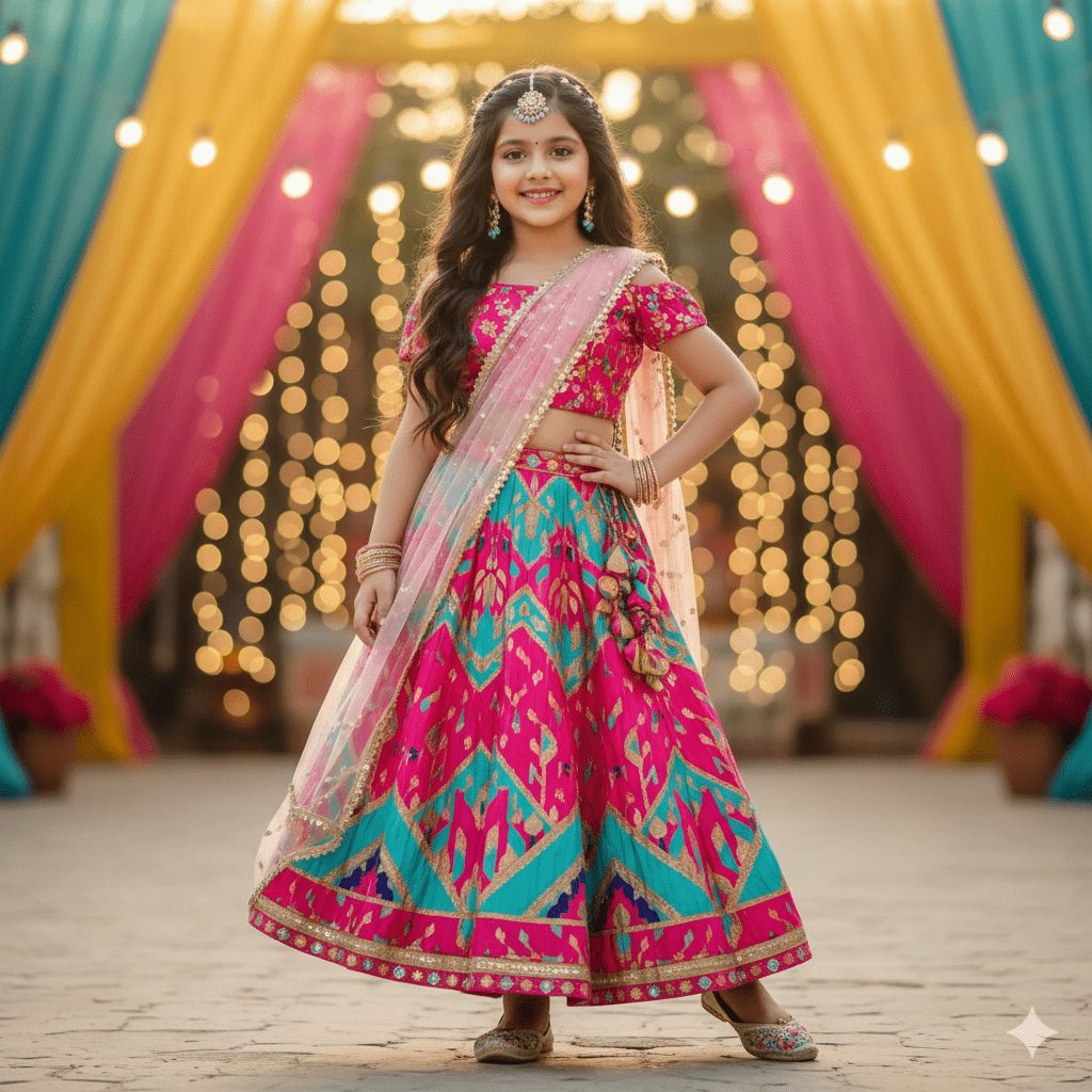 "Young Indian girl in a modern-traditional outfit with colorful lehenga and stylish accessories, posing confidently in bright festive setting."