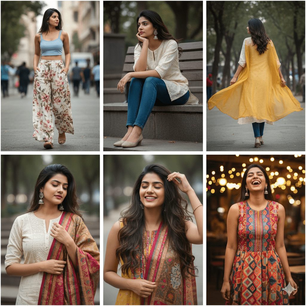 A collage of six portraits of a South Asian woman showcasing different casual and semi-traditional outfits, including a floral palazzo pant look, denim and kurti style, and a vibrant sleeveless dress.