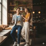 A smiling young couple enjoying a coffee date in a warmly lit, rustic-style cafe. The man wears a blazer, graphic tee, and jeans, and the woman wears a mustard top and cream trousers. They are standing close, laughing, and embracing near a window seat.