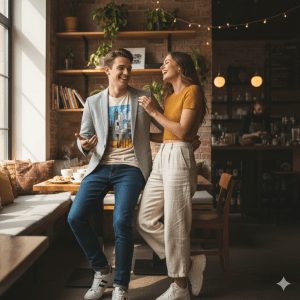 A smiling young couple enjoying a coffee date in a warmly lit, rustic-style cafe. The man wears a blazer, graphic tee, and jeans, and the woman wears a mustard top and cream trousers. They are standing close, laughing, and embracing near a window seat.