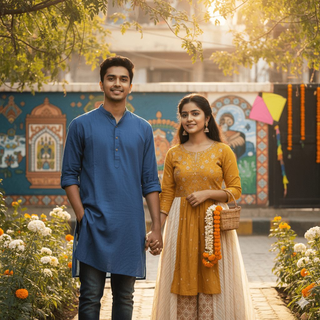 A smiling young Indian couple holding hands and standing outdoors on a cobblestone path lined with marigold and white flowers. The man wears a blue cotton kurta and jeans, and the woman wears a mustard yellow and cream ethnic skirt set, holding a basket with a marigold garland. A vibrant, traditional wall mural is visible in the background with bright sunlight.