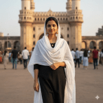 Indian woman in traditional attire at Charminar Hyderabad – cultural street photography