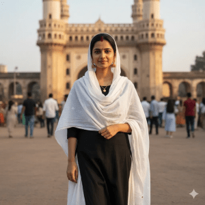 Indian woman in traditional attire at Charminar Hyderabad – cultural street photography
