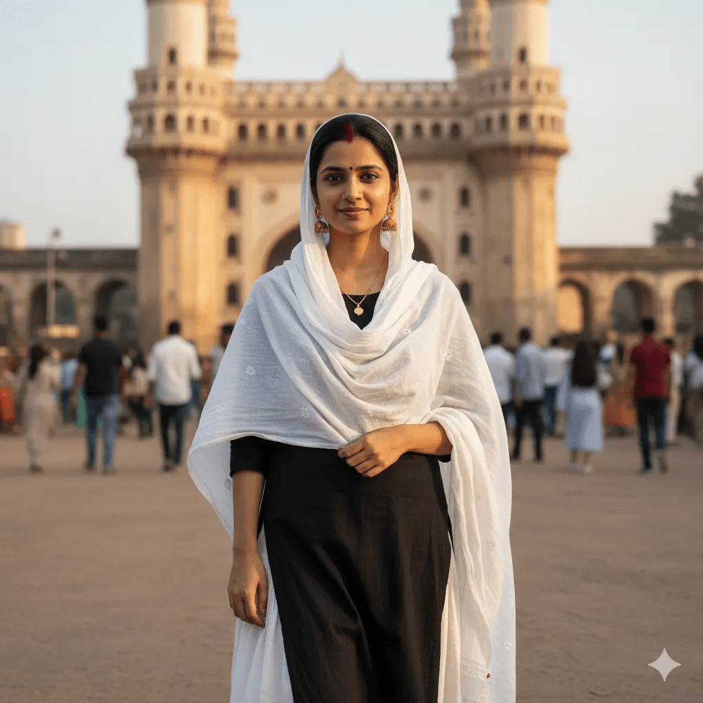 Indian woman in traditional attire at Charminar Hyderabad – cultural street photography