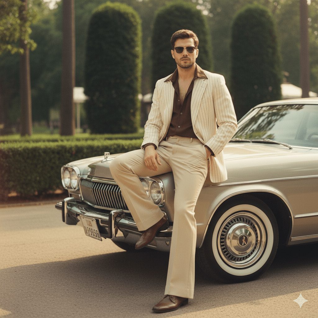 A stylish man in a 1970s-inspired beige pinstripe suit, brown silk shirt, and flares, poses leaning on the hood of a classic American luxury car in a sunlit, manicured park setting.