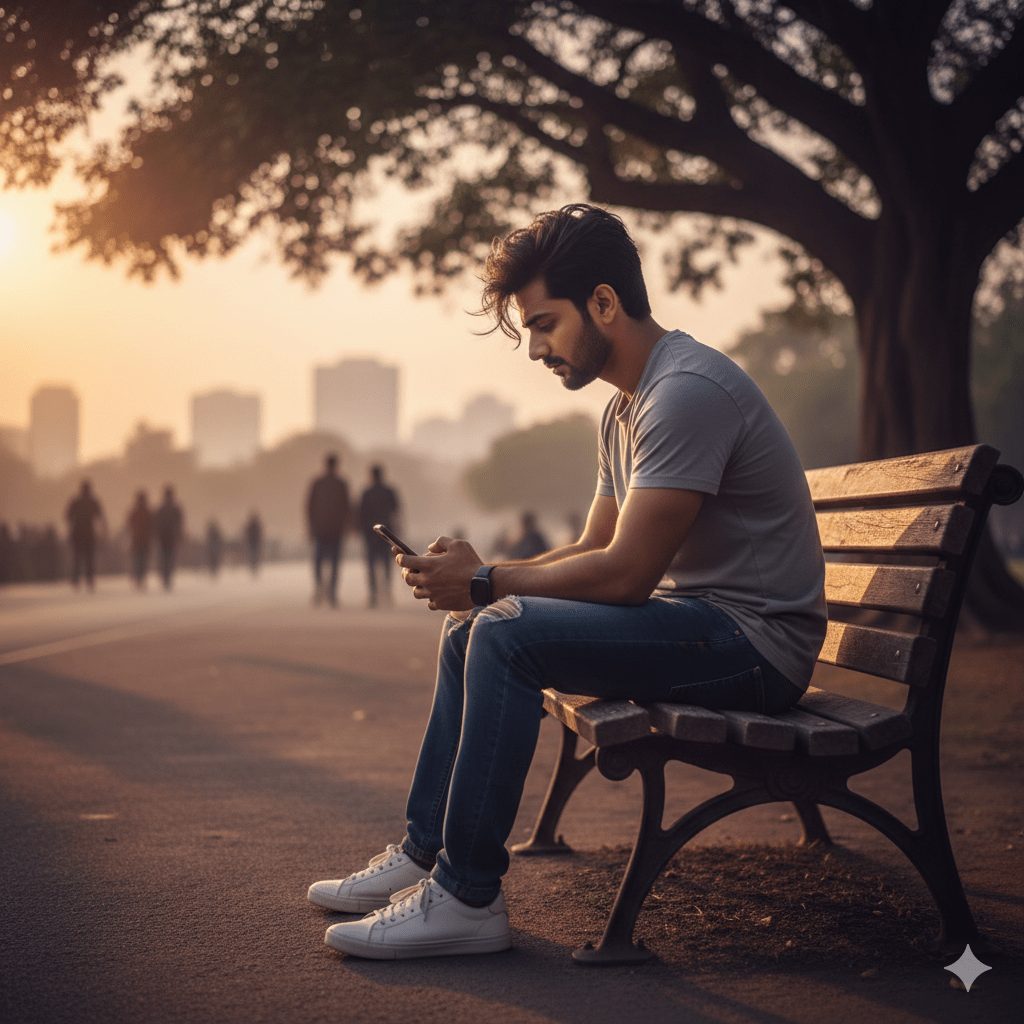 "Young Indian man sitting alone on a park bench at sunset, looking sad and thoughtful while holding his phone, missing his girlfriend, realistic photography, emotional longing moment."