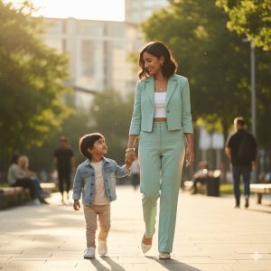“A modern stylish young mother walking hand in hand with her cute 2-year-old son. The mother is dressed in a chic pastel outfit with minimal jewelry, while the son wears a trendy denim jacket, joggers, and sneakers. Captured in natural golden sunlight, giving a fashionable family lifestyle vibe.”