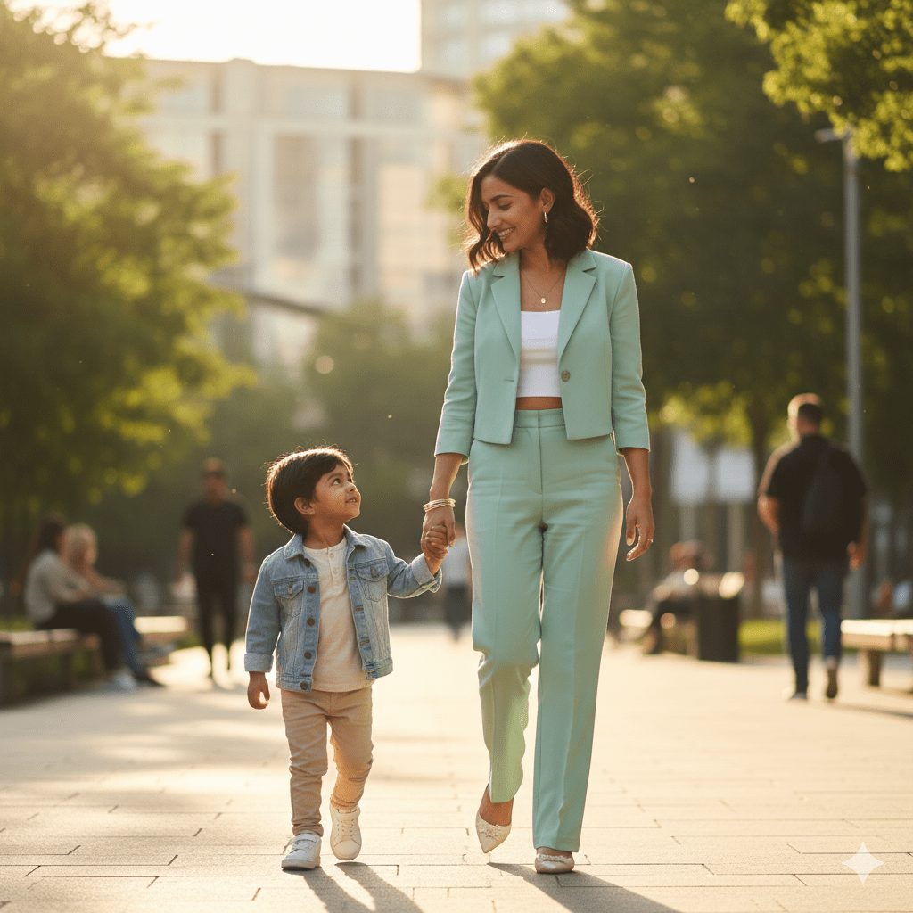 “A modern stylish young mother walking hand in hand with her cute 2-year-old son. The mother is dressed in a chic pastel outfit with minimal jewelry, while the son wears a trendy denim jacket, joggers, and sneakers. Captured in natural golden sunlight, giving a fashionable family lifestyle vibe.”