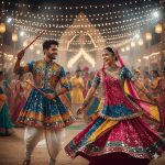 A joyful Indian couple dancing energetically at a Navratri festival. The man wears a colorful kediyu and white churidar with intricate embroidery, holding dandiya sticks. The woman is dressed in a vibrant ghagra choli adorned with mirror work and oxidized jewelry, her dupatta flowing gracefully. The background sparkles with fairy lights and a festive crowd, capturing the lively spirit of Navratri in a vibrant photography style.