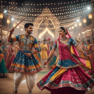 A joyful Indian couple dancing energetically at a Navratri festival. The man wears a colorful kediyu and white churidar with intricate embroidery, holding dandiya sticks. The woman is dressed in a vibrant ghagra choli adorned with mirror work and oxidized jewelry, her dupatta flowing gracefully. The background sparkles with fairy lights and a festive crowd, capturing the lively spirit of Navratri in a vibrant photography style.