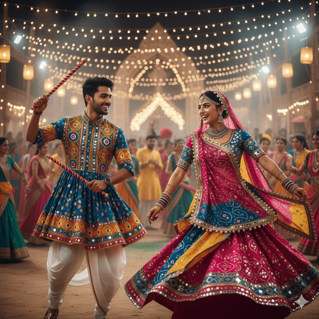 A joyful Indian couple dancing energetically at a Navratri festival. The man wears a colorful kediyu and white churidar with intricate embroidery, holding dandiya sticks. The woman is dressed in a vibrant ghagra choli adorned with mirror work and oxidized jewelry, her dupatta flowing gracefully. The background sparkles with fairy lights and a festive crowd, capturing the lively spirit of Navratri in a vibrant photography style.