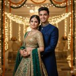 A stunning Indian couple embracing and smiling brightly at their wedding or engagement ceremony. The woman wears a heavy green and gold sequined Lehenga Choli and jewelry, and the man wears a navy blue bandhgala suit under a decorative arch of warm string lights.