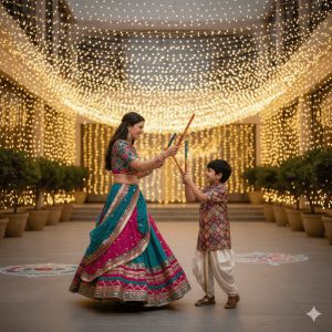 Joyful Indian mother and son playing Dandiya sticks under a canopy of warm string lights, both dressed in traditional, colorful festive Indian wear.