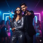 A glamorous couple at a nightclub, illuminated by pink and blue neon lights. The woman wears a silver sequined jumpsuit and sunglasses, holding a blue cocktail, while the man in a black velvet jacket points forward.