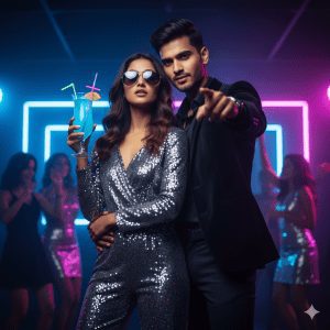 A glamorous couple at a nightclub, illuminated by pink and blue neon lights. The woman wears a silver sequined jumpsuit and sunglasses, holding a blue cocktail, while the man in a black velvet jacket points forward.