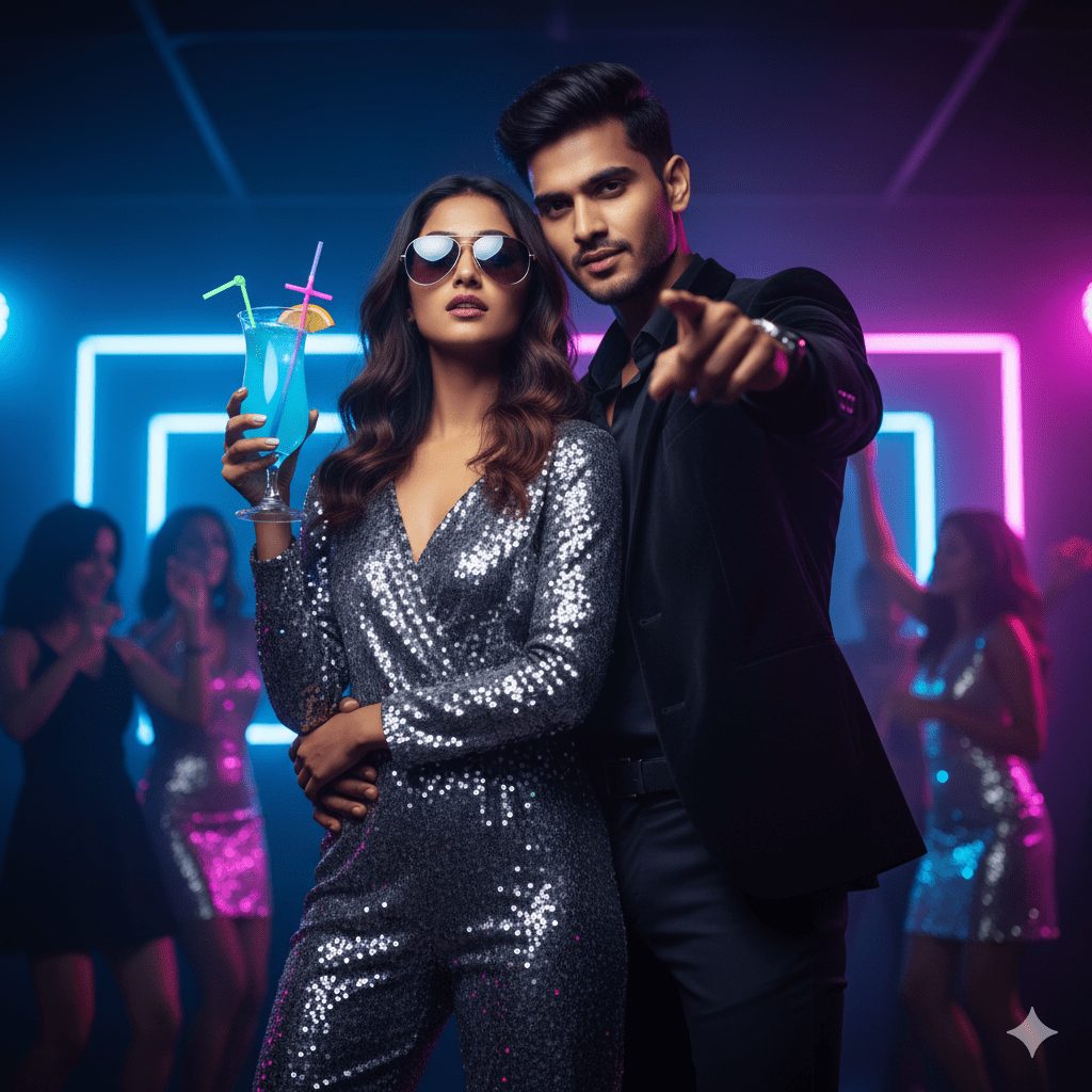 A glamorous couple at a nightclub, illuminated by pink and blue neon lights. The woman wears a silver sequined jumpsuit and sunglasses, holding a blue cocktail, while the man in a black velvet jacket points forward.