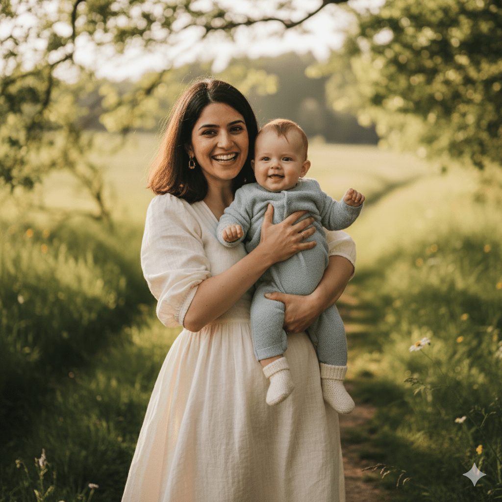 A radiant mother wearing a long cream linen dress stands on a grassy path, smiling while holding her happy baby dressed in a light blue knitted romper. They are outdoors in a sunlit green meadow with trees in the background, capturing a beautiful family portrait.