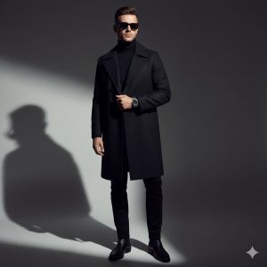 "Tall male model in a sleek black trench coat, turtleneck, slim-fit trousers, and leather boots, posing in a minimalist studio with dramatic lighting. Modern hairstyle, sunglasses, and luxury accessories. Vertical high-fashion editorial style, ultra-realistic 4K photography."