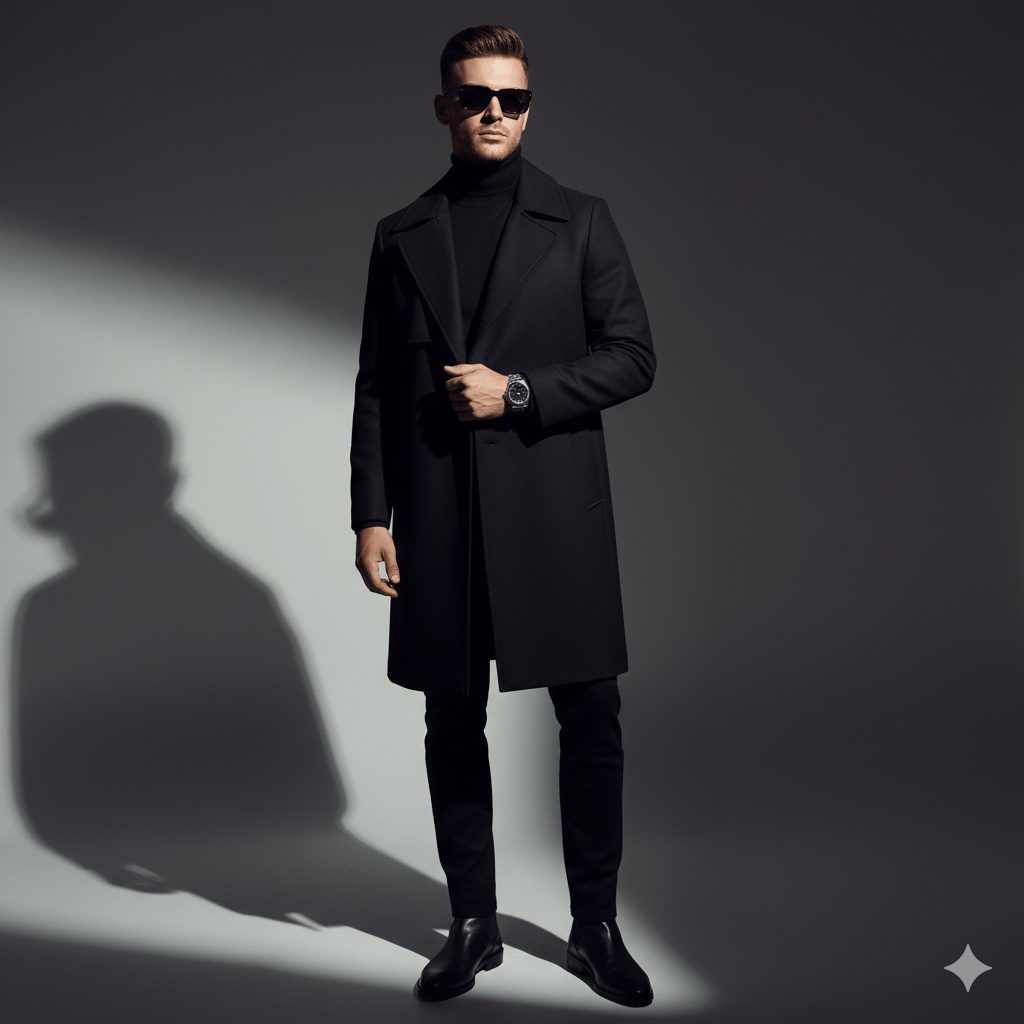 "Tall male model in a sleek black trench coat, turtleneck, slim-fit trousers, and leather boots, posing in a minimalist studio with dramatic lighting. Modern hairstyle, sunglasses, and luxury accessories. Vertical high-fashion editorial style, ultra-realistic 4K photography."