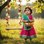 “Cute 2-year-old Indian baby girl dressed as Radha in a traditional lehenga choli, wearing jewelry and floral accessories, holding a flower basket while searching for Krishna in a festive outdoor setting.”