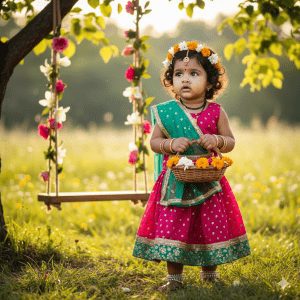 “Cute 2-year-old Indian baby girl dressed as Radha in a traditional lehenga choli, wearing jewelry and floral accessories, holding a flower basket while searching for Krishna in a festive outdoor setting.”