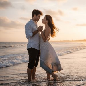 "Romantic cinematic shot of a couple at sunset on a beach, holding hands and gazing into each other's eyes, with soft golden light and gentle waves in the background."