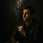 A moody, dark portrait of a contemplative man in a brown leather jacket holding a cigarette, with the ethereal, smoky apparition of a woman's face rising above him, symbolizing loss, memory, or reflection.