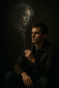 A moody, dark portrait of a contemplative man in a brown leather jacket holding a cigarette, with the ethereal, smoky apparition of a woman's face rising above him, symbolizing loss, memory, or reflection.