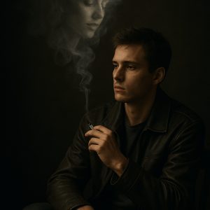 A moody, dark portrait of a contemplative man in a brown leather jacket holding a cigarette, with the ethereal, smoky apparition of a woman's face rising above him, symbolizing loss, memory, or reflection.
