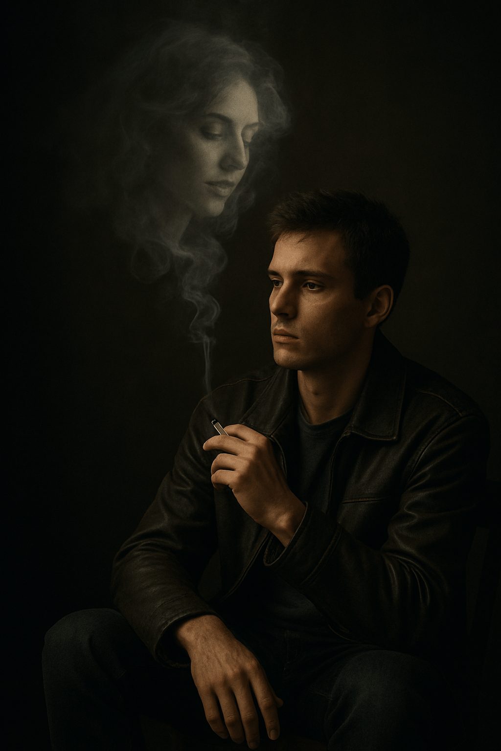 A moody, dark portrait of a contemplative man in a brown leather jacket holding a cigarette, with the ethereal, smoky apparition of a woman's face rising above him, symbolizing loss, memory, or reflection.