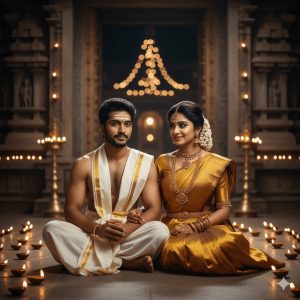 An Indian couple in traditional South Indian attire, seated near a temple backdrop with glowing diyas. The man wears a white mundu with a golden-bordered angavastram and a sandalwood tilak on his forehead. The woman is adorned in a golden silk Kanjeevaram saree, temple jewelry, and jasmine flowers in her hair. The scene is ultra-realistic, capturing cultural authenticity in a cinematic style.