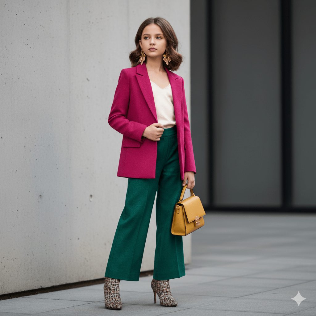 "Stylish young girl in elegant designer outfit posing for a vertical high-fashion photoshoot, with statement accessories, soft waves hairstyle, and subtle glamorous makeup, against a minimalistic urban background with natural lighting – professional 8k photography."