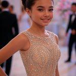 A beautiful young girl with her hair in an elegant updo, wearing a pale peach or nude-colored gown with heavy silver beading and embroidery, smiling at a formal event or wedding reception.