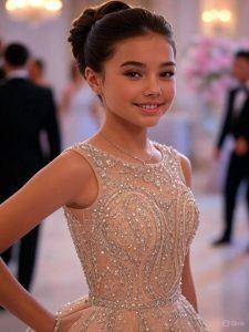 A beautiful young girl with her hair in an elegant updo, wearing a pale peach or nude-colored gown with heavy silver beading and embroidery, smiling at a formal event or wedding reception.