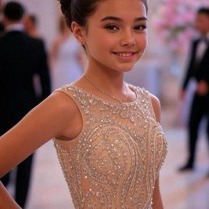 A beautiful young girl with her hair in an elegant updo, wearing a pale peach or nude-colored gown with heavy silver beading and embroidery, smiling at a formal event or wedding reception.