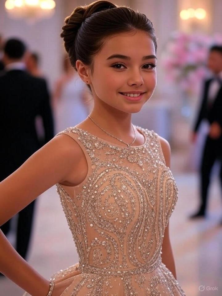 A beautiful young girl with her hair in an elegant updo, wearing a pale peach or nude-colored gown with heavy silver beading and embroidery, smiling at a formal event or wedding reception.